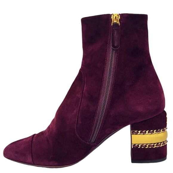 CHANEL CC Logo Cap Toe Suede Boots Double Stack Chain Burgundy 36.5 G36655 - Picture 5 of 16